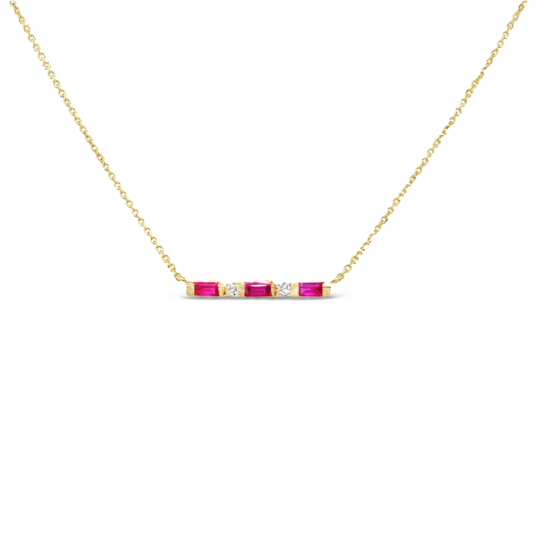 Yellow 14 Karat Drop Pendants with 2=0.07tw Round Brilliant G VS Diamonds and  3=0.54tw Baguette Rubys