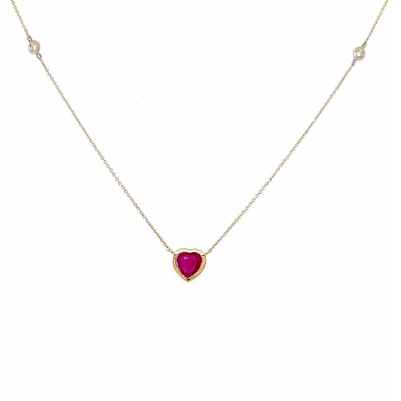 Yellow 14 Karat Fancy Solitaire Pendants with One 0.60ct Heart Ruby and   2=0.04tw Round Brilliant G VS Diamonds