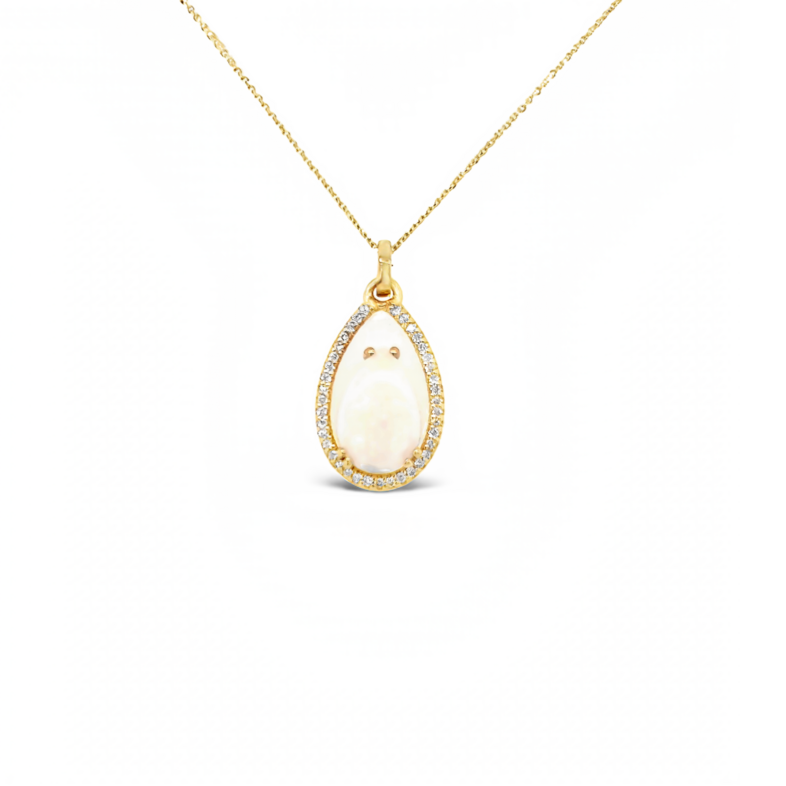 Yellow 14 Karat Halo Pendant with 44=0.17tw Round Brilliant G VS Diamonds and   One 1.50ct Pear Opal