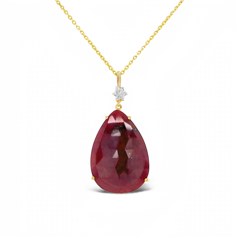 Yellow 14 Karat Fancy Solitaire Pendants with One 20.00ct Pear Rubellite Tourmaline and   7=0.11tw Round Brilliant G VS Diamonds
