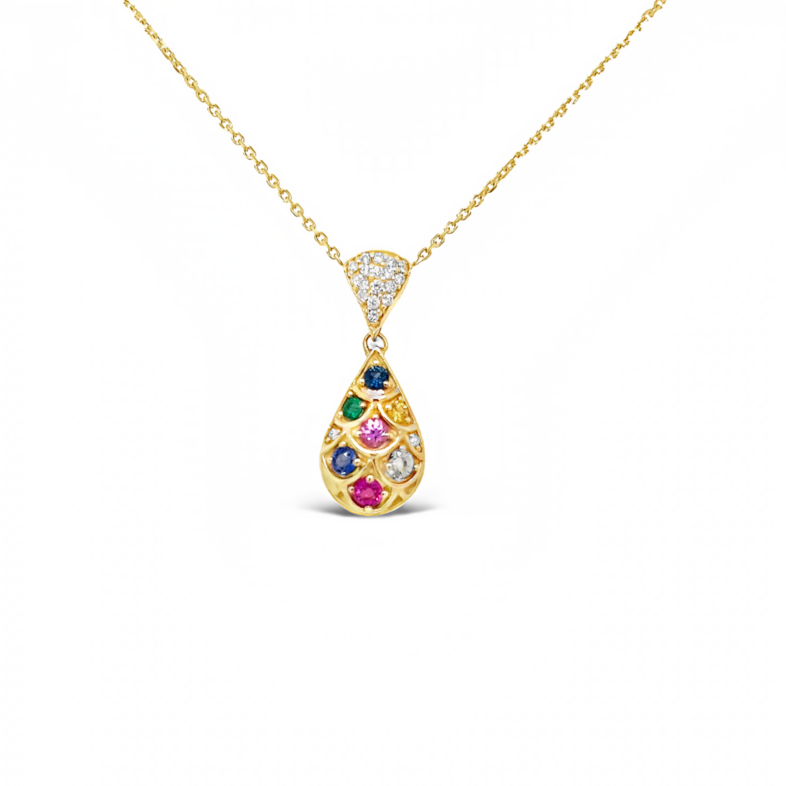 Yellow 14 Karat Drop Pendant with 19=0.11tw Round Brilliant G VS Diamonds and   7=0.90tw Round Sapphires