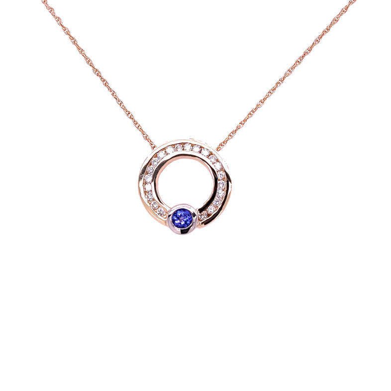Yellow 14 Karat Pendant with one 5.00mm Round Tanzanite &  21=0.75tw Round Brilliant G SI Diamonds