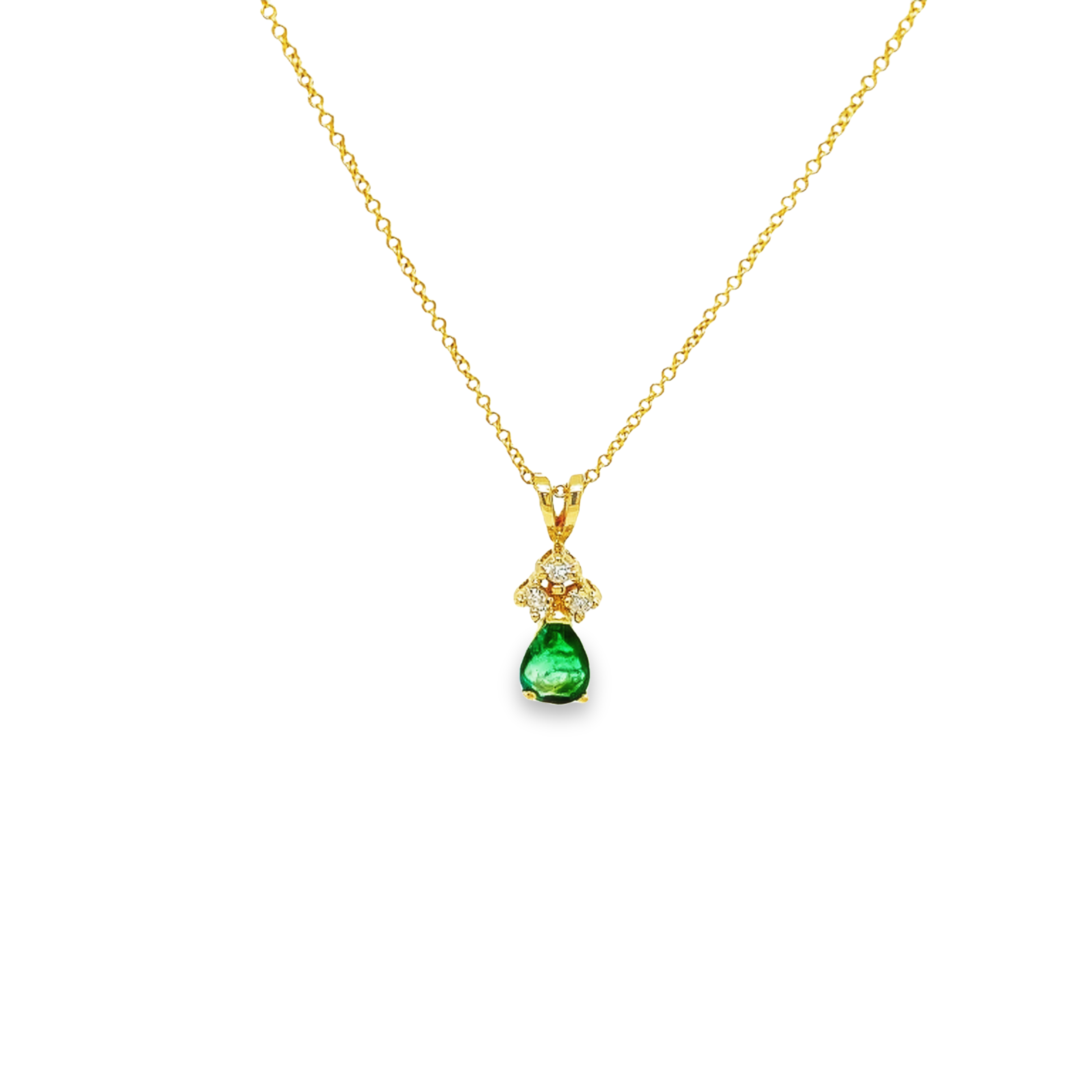 Yellow 14 Karat Drop Pendant With One 7.00x5.00mm Pear Emerald And  3=0.10tw Round Brilliant G SI Diamonds