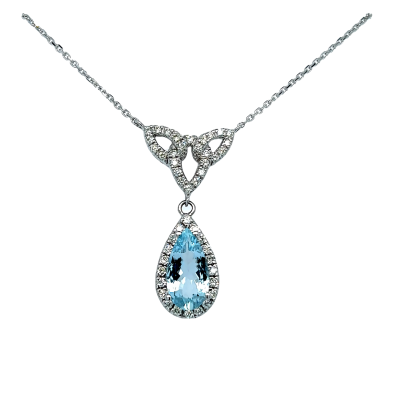 White 14 Karat Y Drop Necklace with One 1.80ct Pear Aquamarine and  47=0.38tw Round Brilliant G VS Diamonds