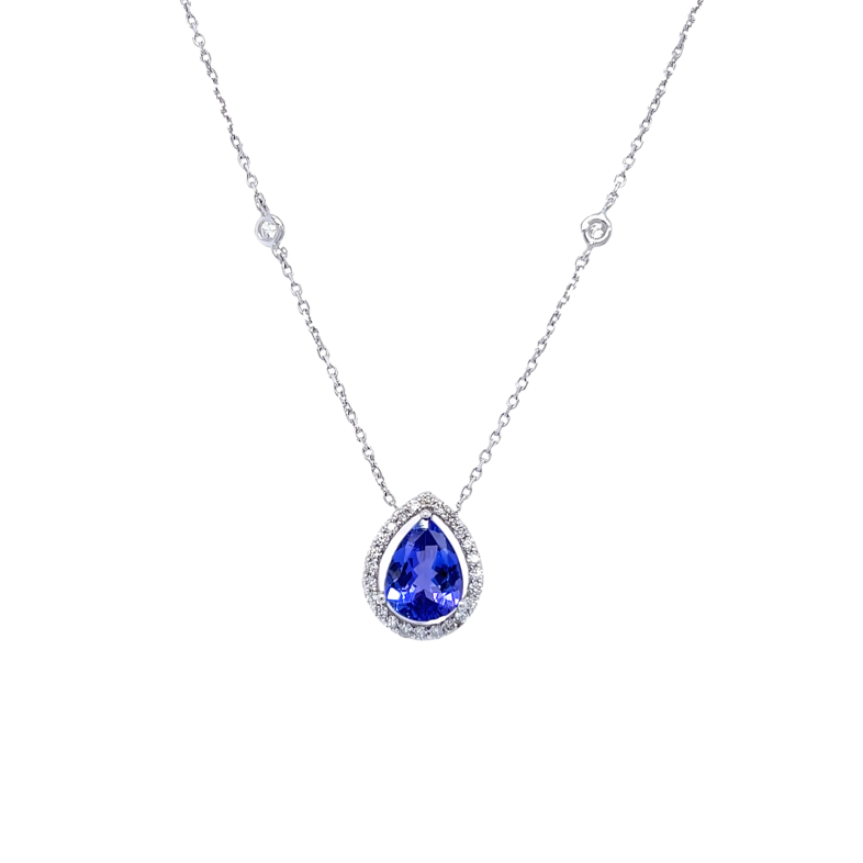 14 Karat white gold halo solitaire necklace with One 1.60Ct pear Tanzanite and 28=0.29 total weight round brilliant G SI Diamonds