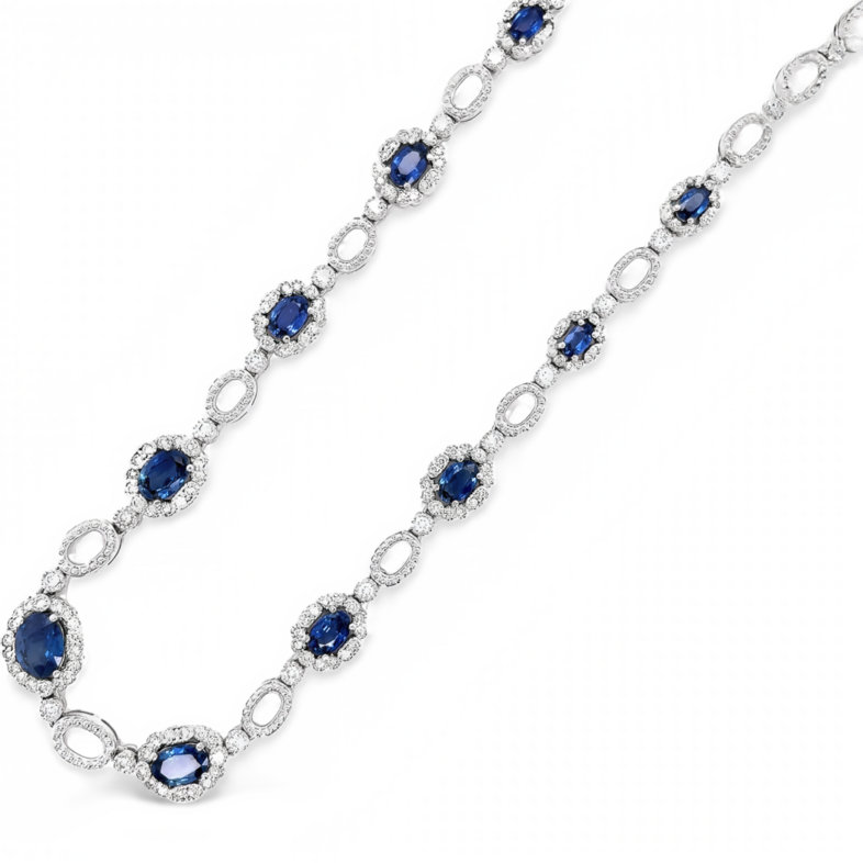 White 14 Karat Riviera Necklace With 190=2.35Tw Round Brilliant G Vs Diamonds And 11=6.25Tw Oval Sapphires