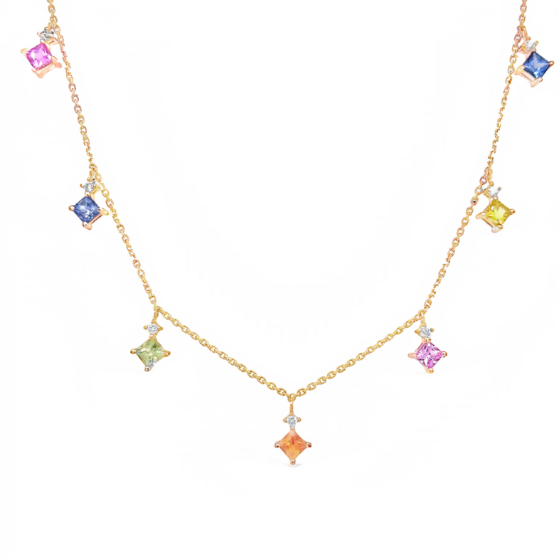 Rose 14 Karat Station Necklace with 7=2.40tw Princess Sapphires and   7=0.14tw Round Brilliant G VS Diamonds