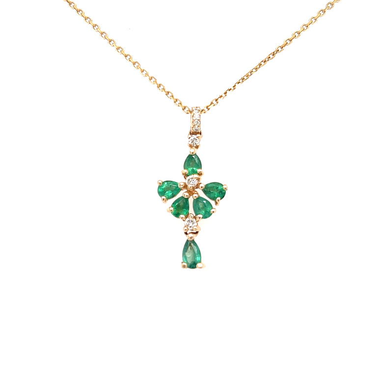 Yellow 14 Karat Statement Necklace with 6=0.95tw Pear Emeralds and   6=0.09tw Round Brilliant Diamonds