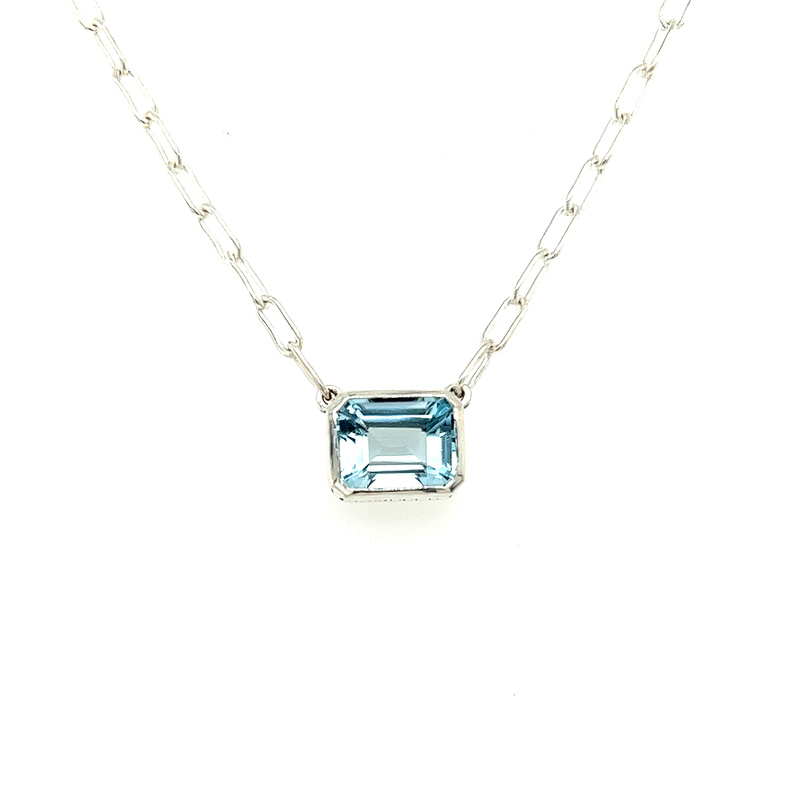 Sterling Necklace Length 20 with one bezel set emerald cut Aquamarine
