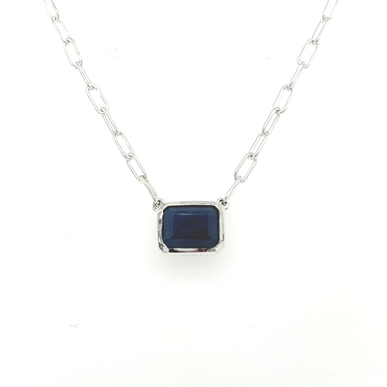 Sterling silver bezel set emerald cut Sapphire Necklace Length 20