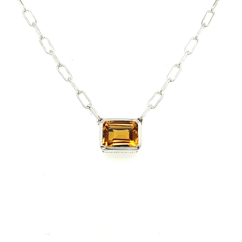 Sterling silver bezel set Solitaire Necklace with one emerald cut Citrine
