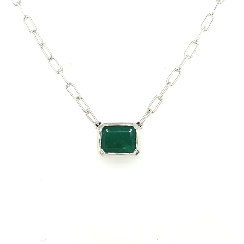 Sterling bezel set Solitaire Necklace With One Emerald cut Emerald