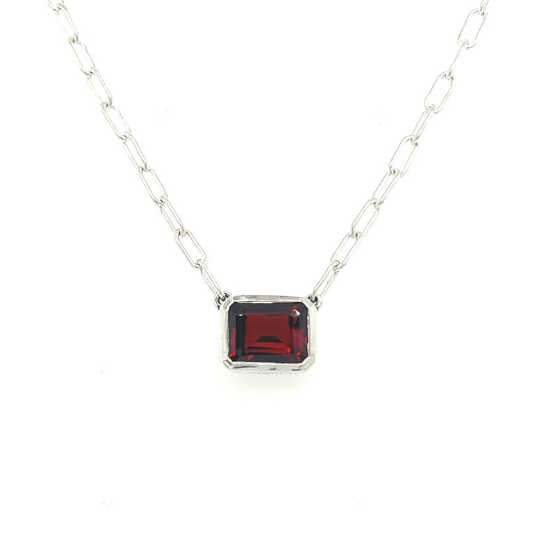 Sterling bezel set solitare Necklace Length 20 With One emerald cut Garnet
