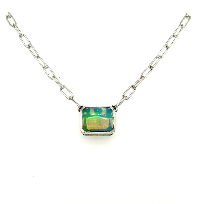 Sterling bezelset solitare Necklace Length 20 With One emerald cut Opal