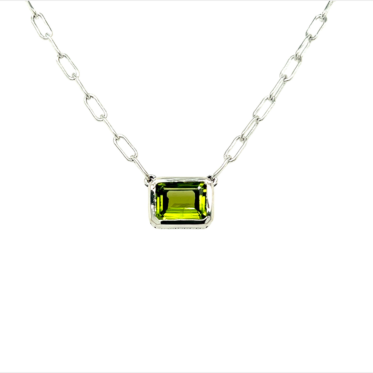 Sterling bezel set Solitaire Necklace Length 20 With One emerald  cut Peridot