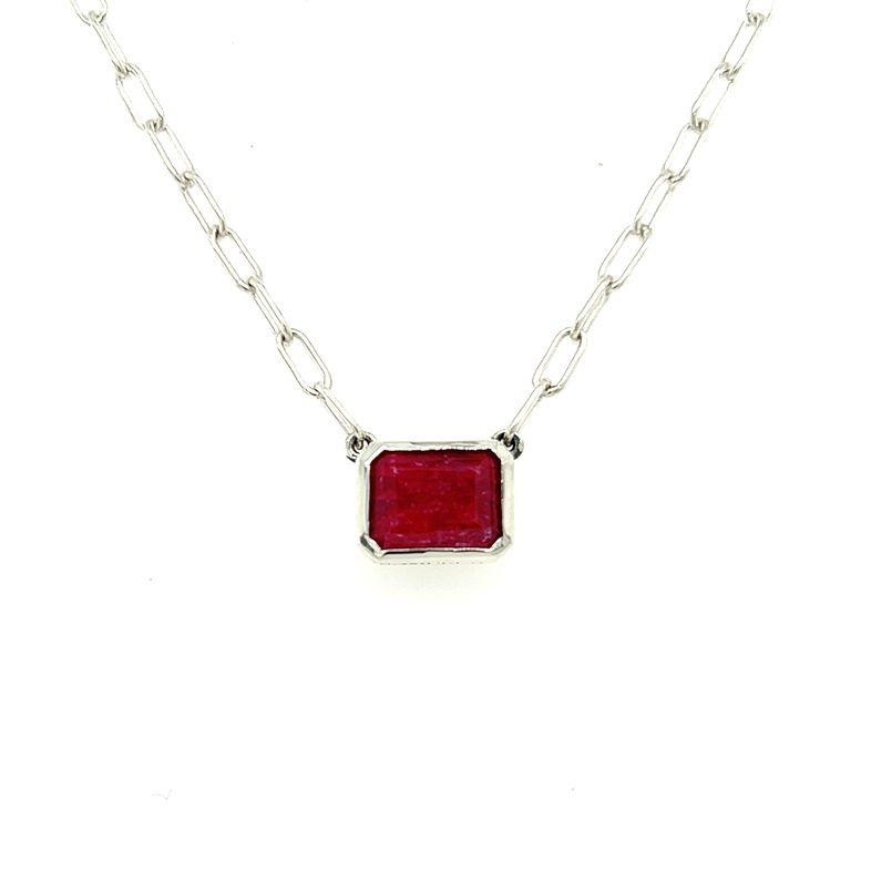 Sterling bezel set Solitaire Necklace With One emerald cut Ruby