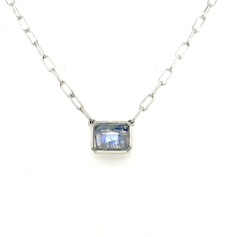 Sterling bezel set Solitaire Necklace Length 20 With One cabochon rainbow moonstone