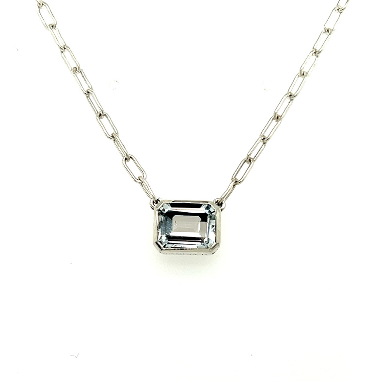 Sterling bezel set Solitaire Necklace Length 20 With One emerald cut White Topaz