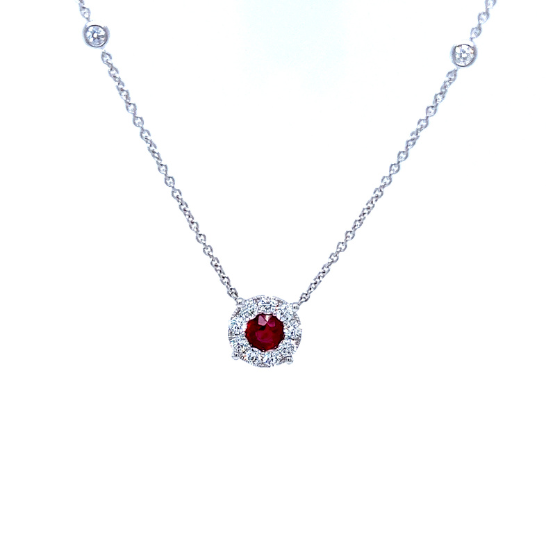 14 Karat white gold necklace with One 0.39 carat round Ruby and 13=0.44 total weight round brilliant G VS Diamonds