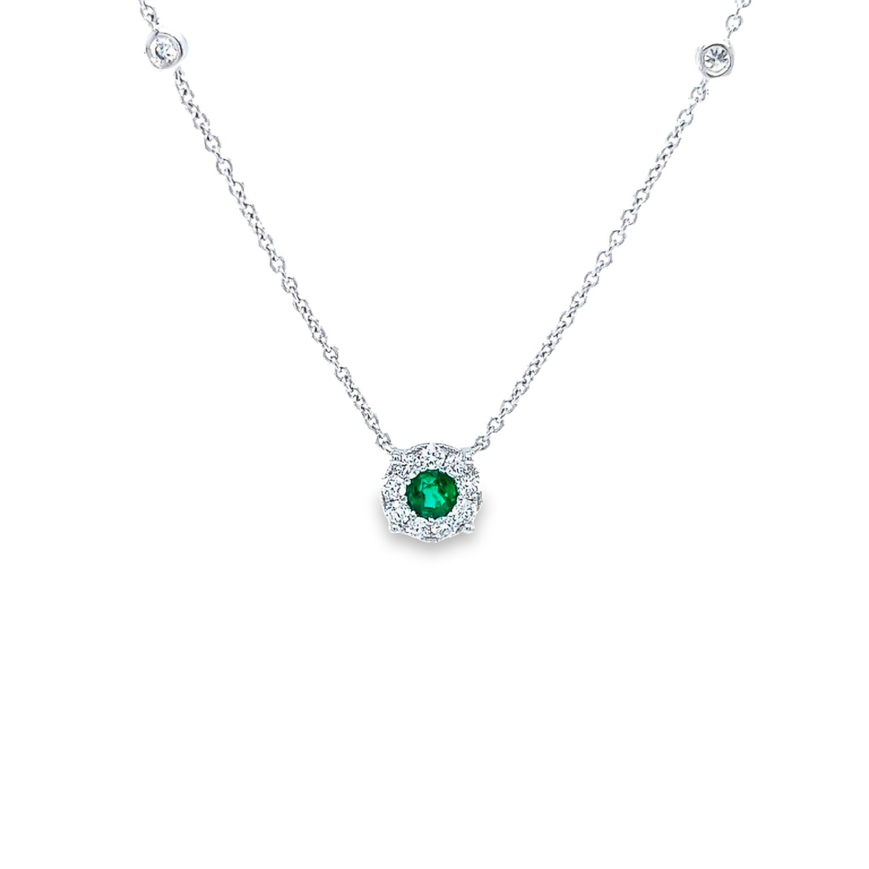 14 Karat white gold halo solitaire necklace with one 0.31Carat round Emerald and 13=0.33 total weight round brilliant G VS Diamonds