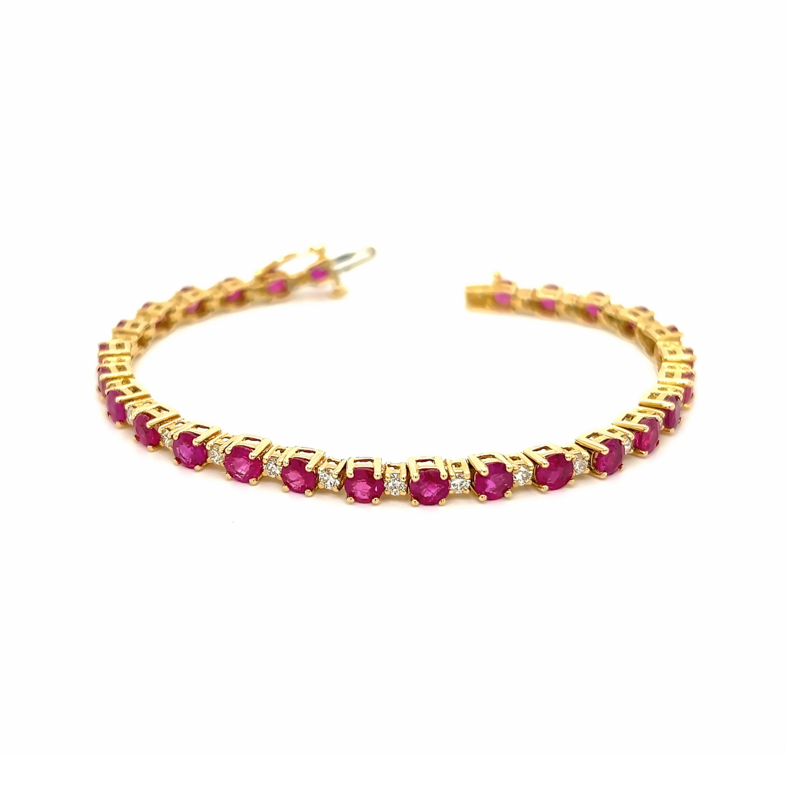 Yellow 18 Karat Line Bracelet Length 6.5 With 27=1.30Tw Round Brilliant G Vs Diamonds And 27=8.58Tw Round Rubys