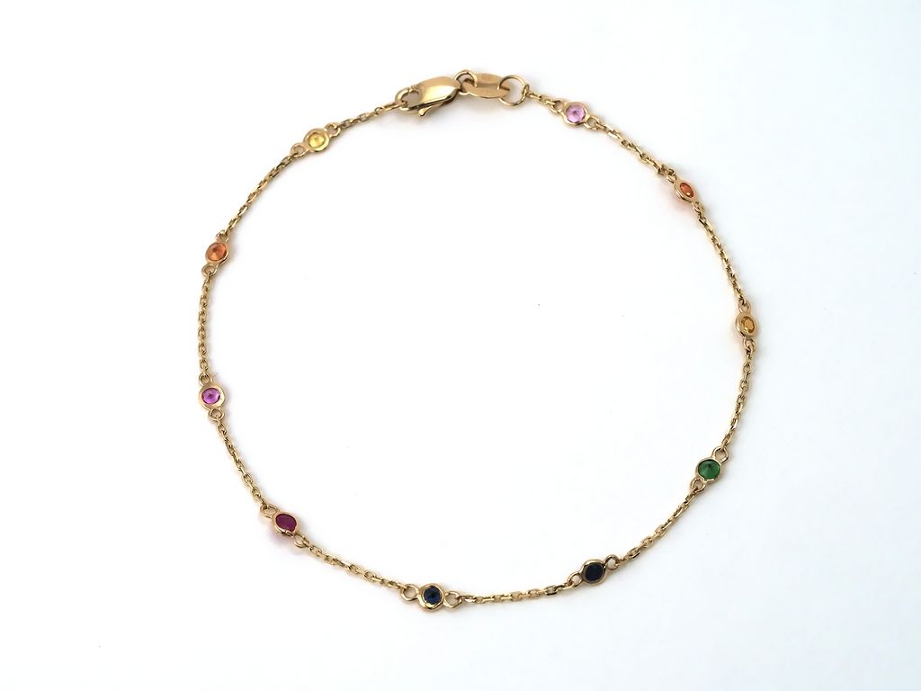 Yellow 14 Karat Link Bracelet With 10=0.55Tw Round Multi-Colored Stones