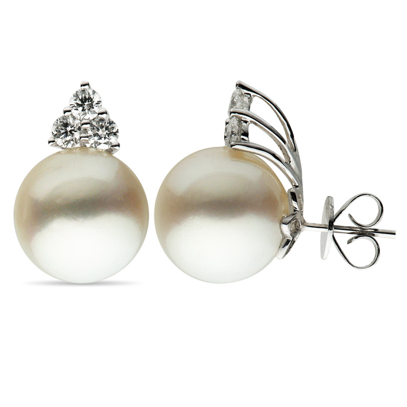 White 18 Karat Pearl Earrings With 2=12.00-13.00Mm South Sea Pearls And 6=0.60Tw Round Brilliant G Si Diamonds