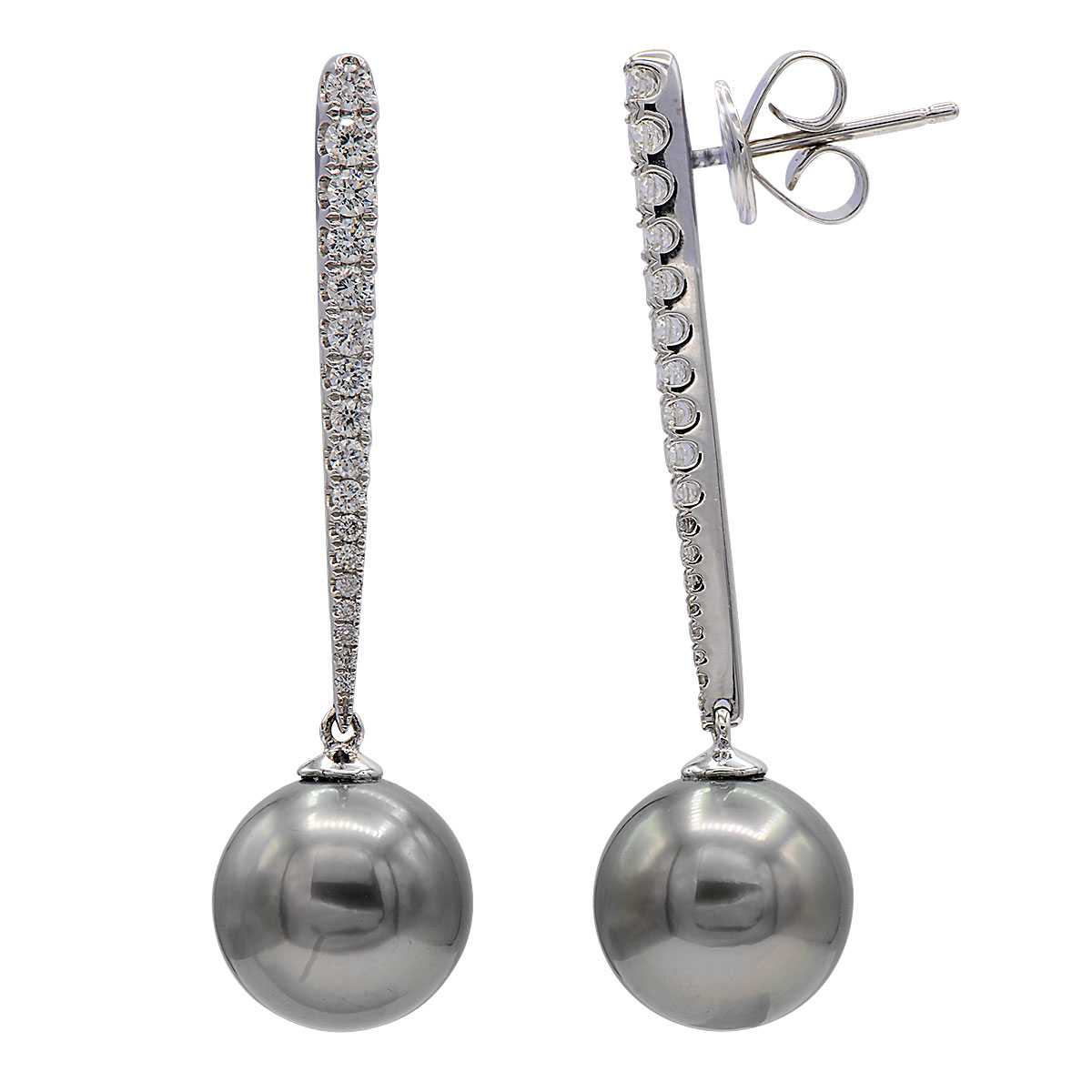 White 18 Karat Dangle Earrings With 2=10.00-11.00Mm Tahitian Pearls And 34=0.43Tw Round Brilliant G SI Diamonds