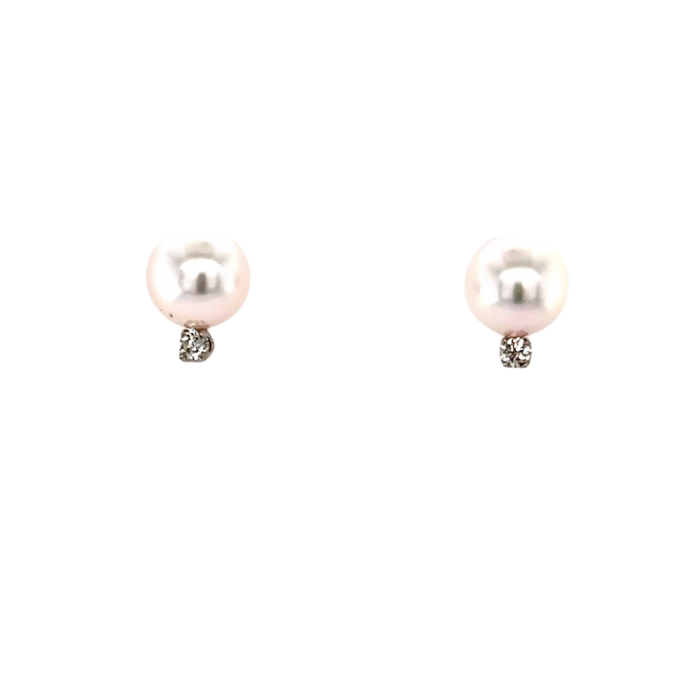 14KW Cultured Akoya Earrings 2=.10ct 8-8.50mm