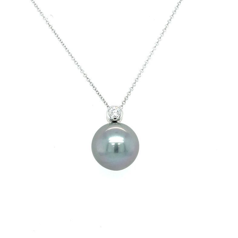 Lady s White 14 Karat Tahitian Drop Pendant With One 11.20Mm Tahitian Pearl And One 0.06Ct Round G Vs Diamond