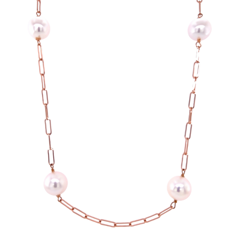 14 Karat rose gold paperclip and pearl tincup necklace with 7=8.00-9.00mm Fresh Water Pearls