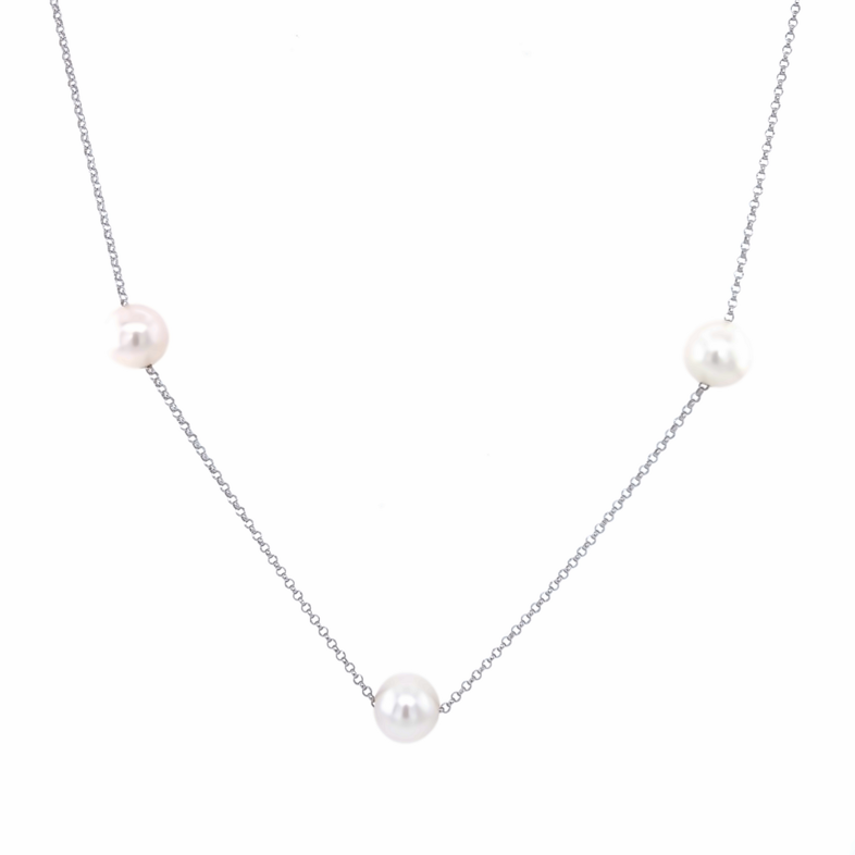 14 Karat white gold tin cup necklace with 9=6.00-7.00mm Fresh Water Pearls.