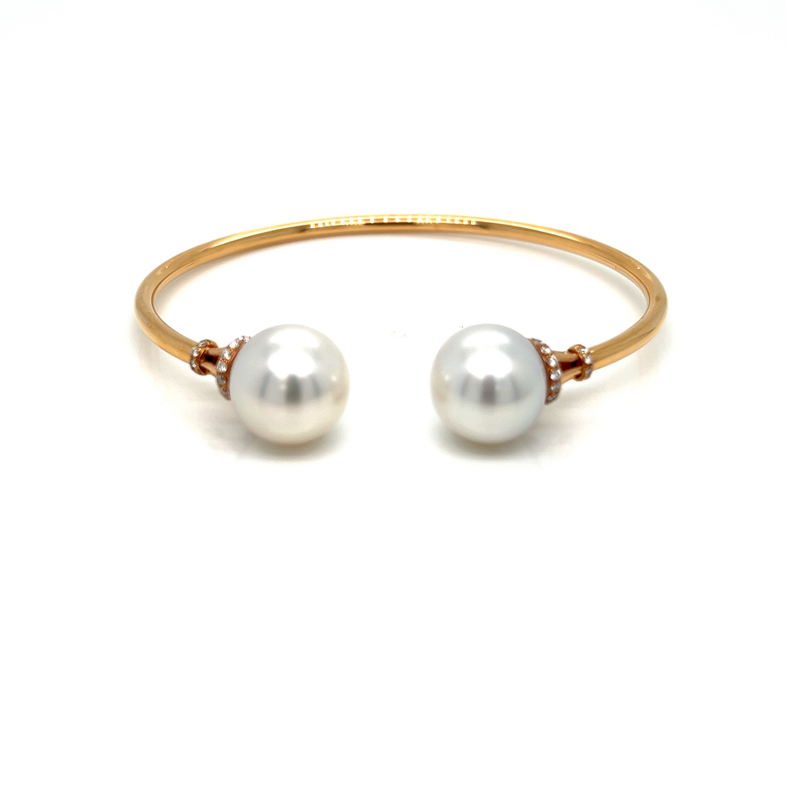 Rose 18 Karat Bangle With 2=11.00-12.00Mm South Sea White Pearls And 28=0.17Tw Round Brilliant G Vs Diamonds