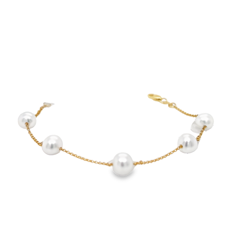 14 Karat yellow gold tincup bracelet with 5=6.00-7.00mm Fresh Water Pearls