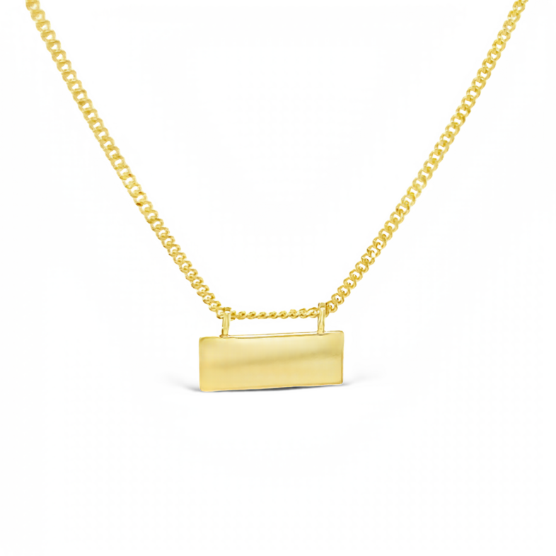 14 Karat yellow gold engravable plate necklace on curb chain.