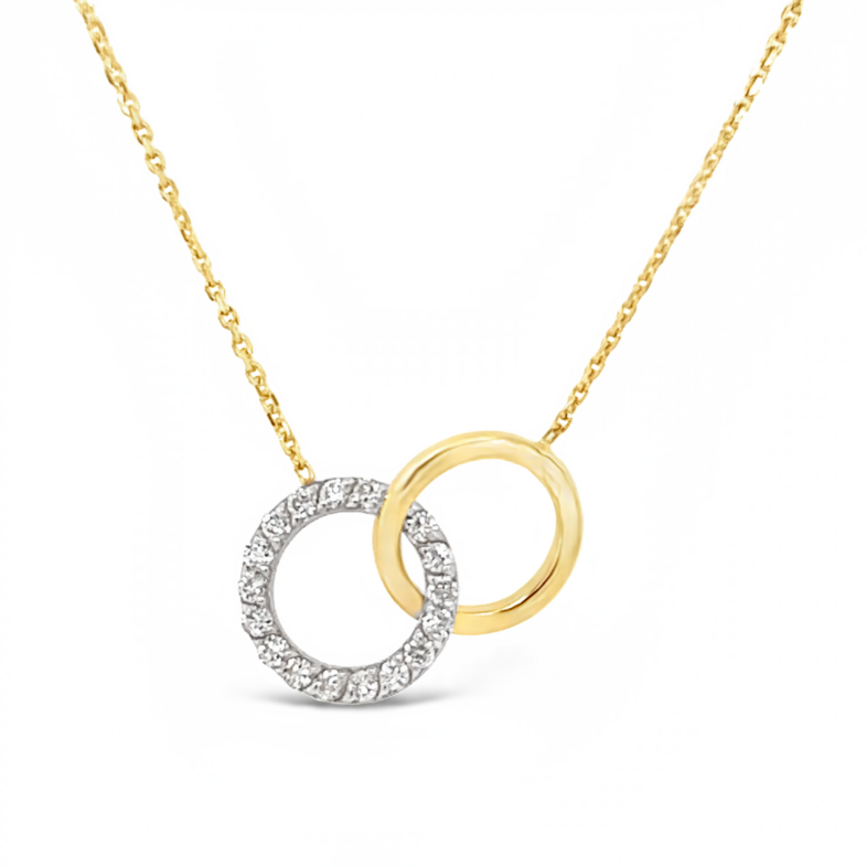 14 Karat yellow gold circle necklace with 18=0.20 total weight round brilliant G VS Diamonds.