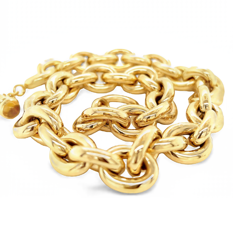 Yellow 14 Karat Italian Made Large Oval Link Necklace  Toggle Clasp Capped With Gemstones. Length 18"