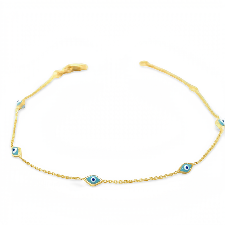 Yellow 14 Karat Turquoise Enamel Evil Eye Bracelet Length 7.25