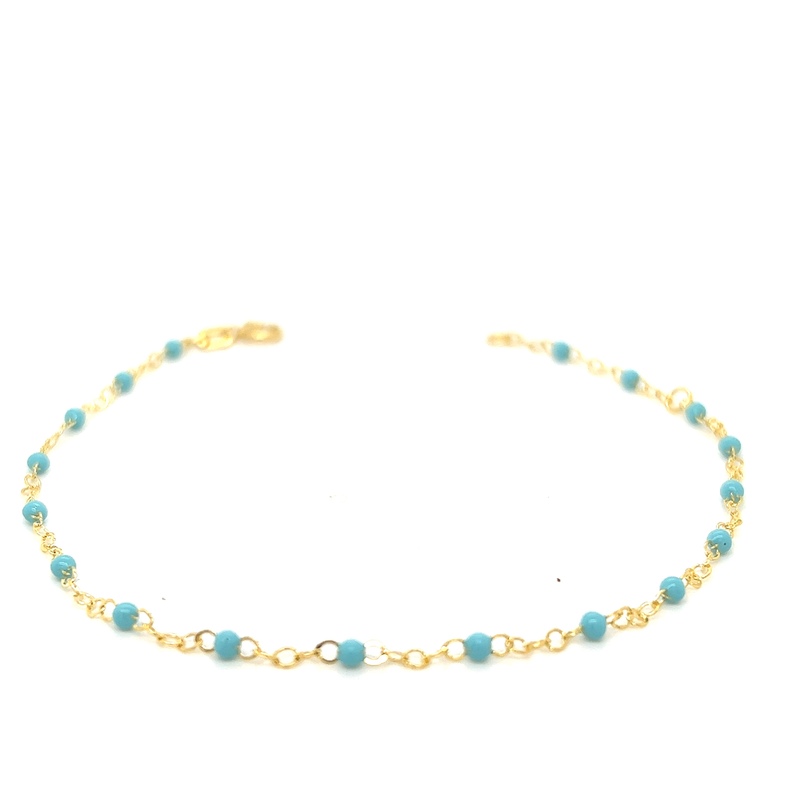 Yellow 14 Karat Turquoise Enamel Bead Bracelet Length 7.5