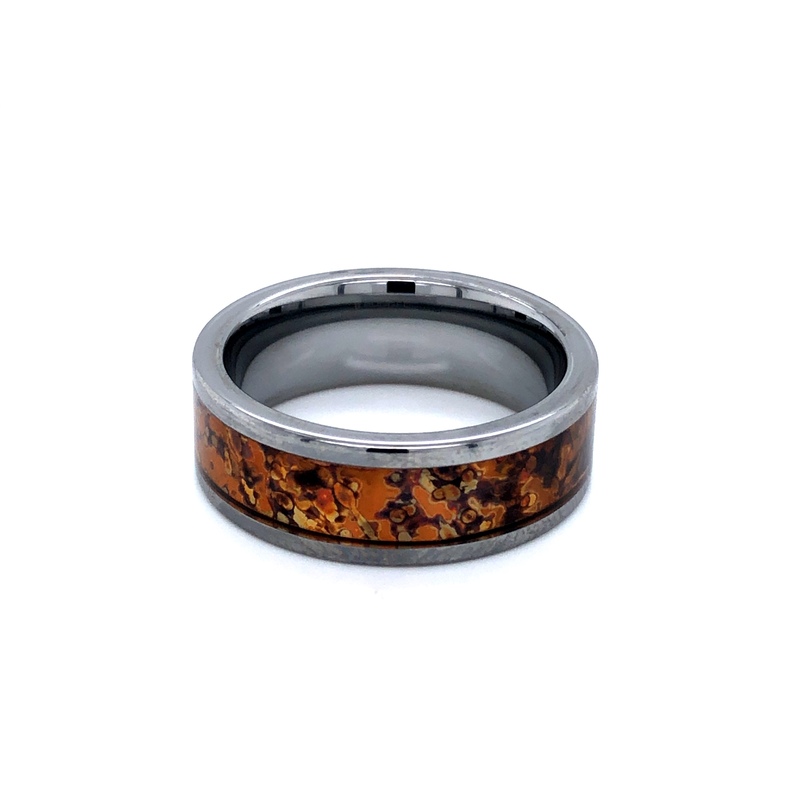 Men s 8mm tungsten wedding band with copper inlay.