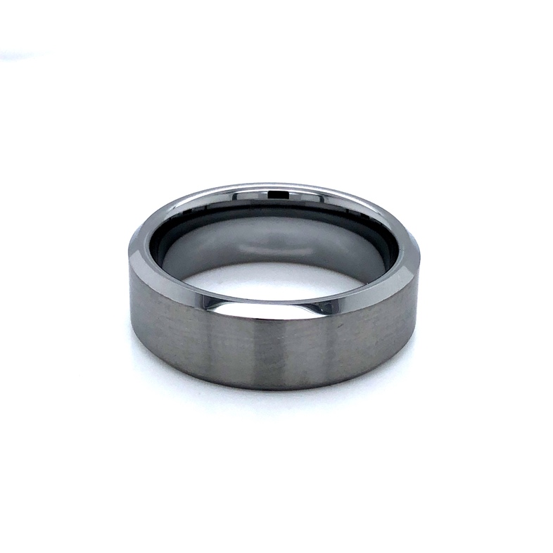 Men s 8mm tungsten wedding band with a carbide flat bevel with a satin finish.