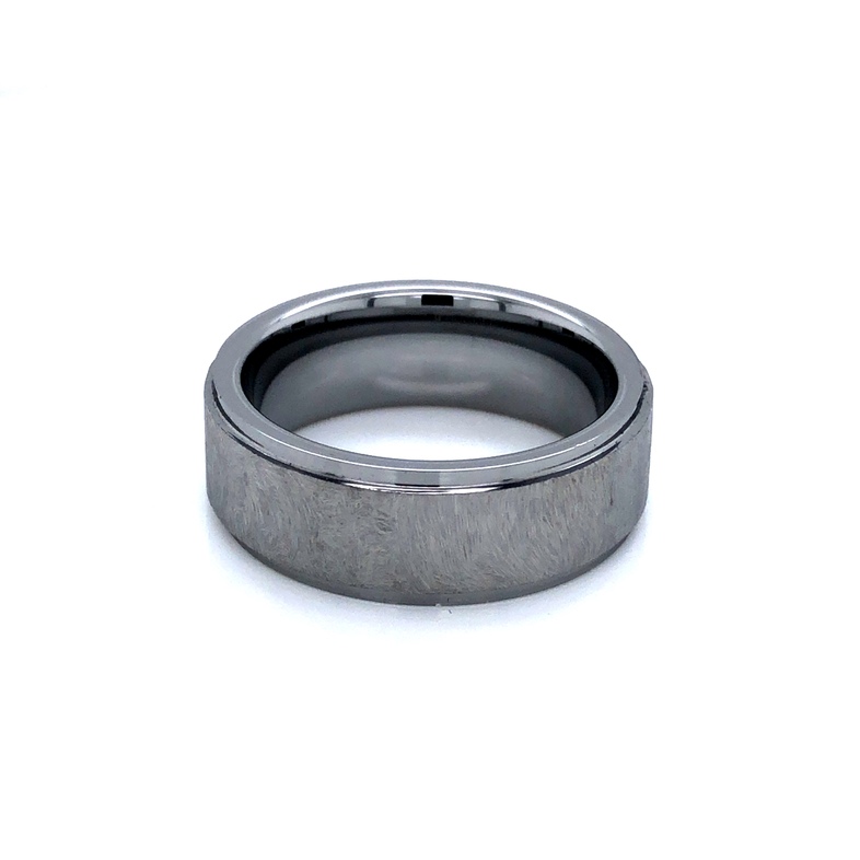 Men s 8mm tungsten wedding band with a grooved egde.