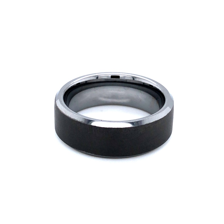 Men s 8mm tungsten wedding band with a flat bevel sand finish.