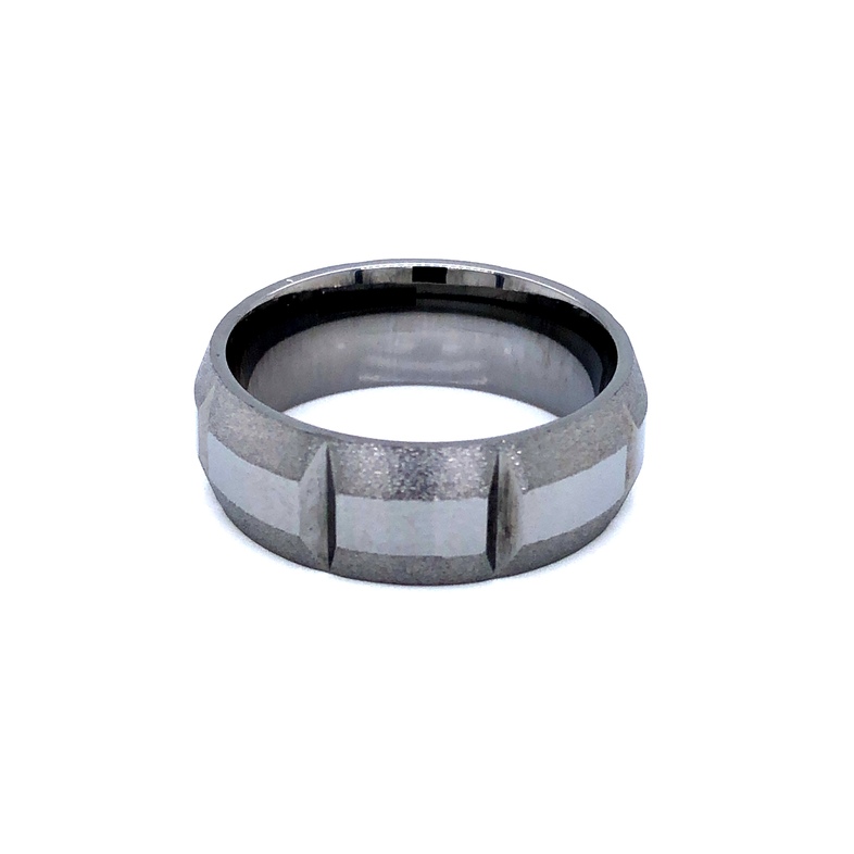 Men s 8mm tungsten wedding band with dome stone edges.