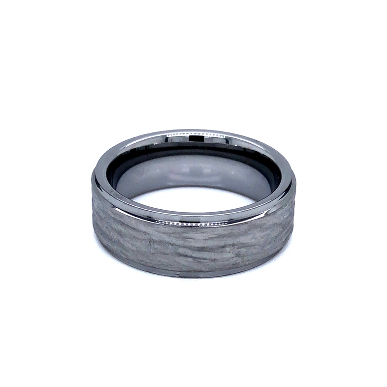 Men s 8mm tungsten wedding band with grooved edge and bark inlay.