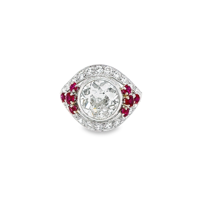 Platinum Antique Ring with one 2.25ct Old European Cut K SI1 Diamond and  30=1.00tw Old European Cut G VS Diamonds with   8= Round Rubies