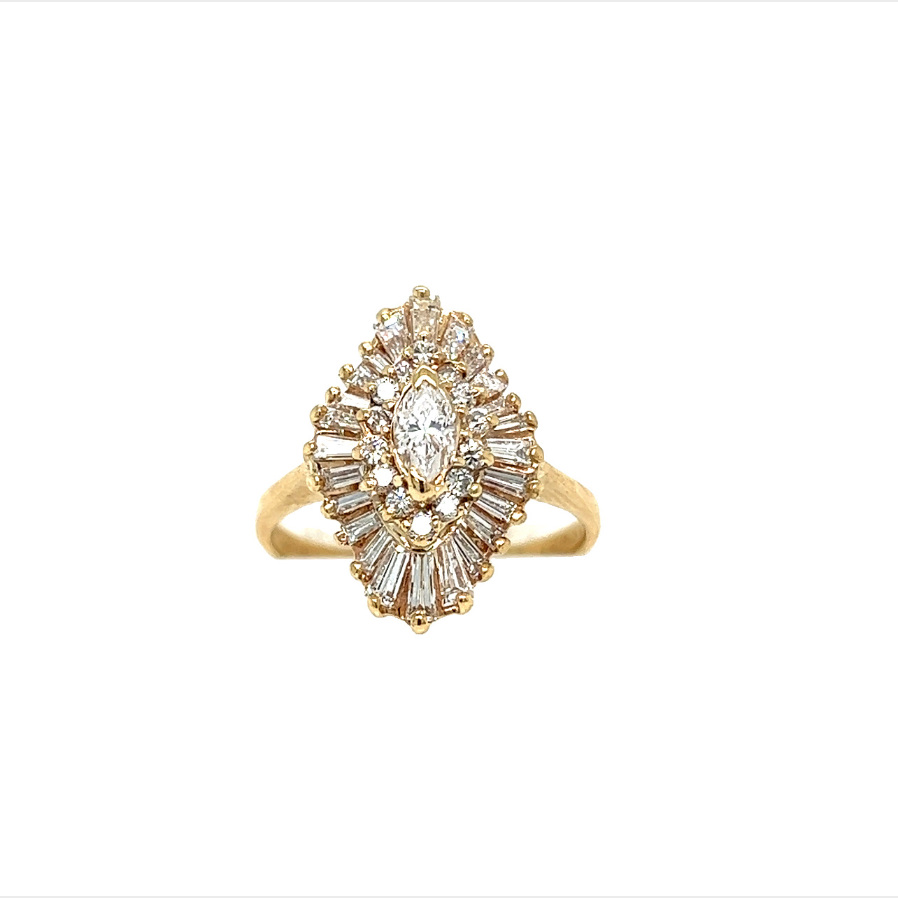 Yellow 14 Karat Ring  With One 0.25ct Marquise G VS Diamond   14=0.28tw Round Brilliant G VS Diamonds and  24=0.72tw Tapered Baguette G/H VS Diamonds