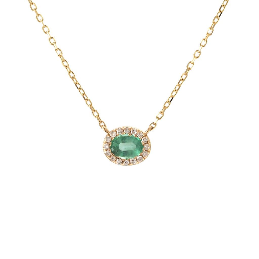 14 Karat yellow gold halo solitaire necklace with one 0.22ct oval Emerald and 16=0.03tw round brilliant G I Diamonds