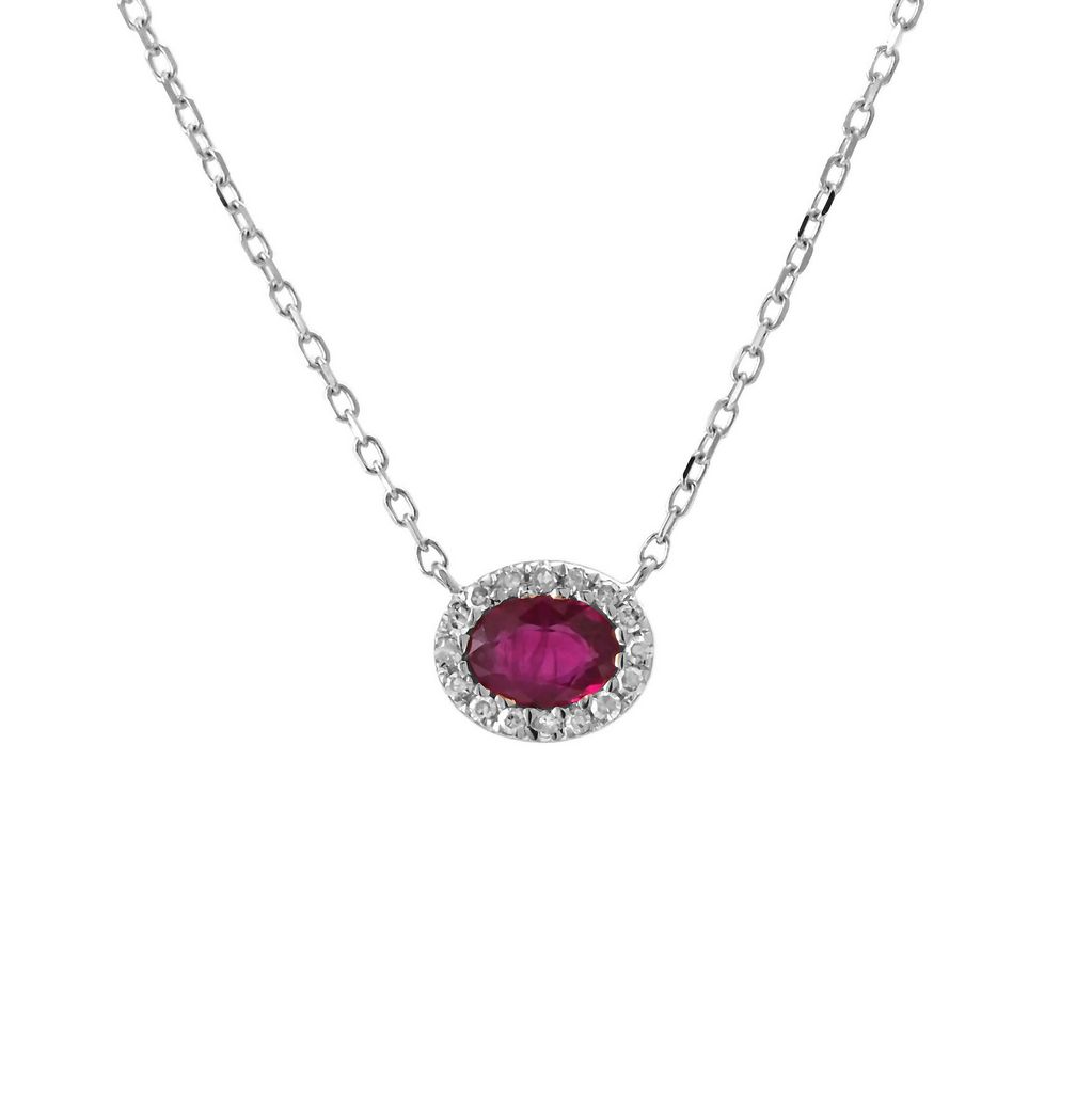 Lady s White 14 Karat Halo Solitaire Necklace 16=0.03tw Round Brilliant G I Diamonds  one 0.24ct Oval Ruby