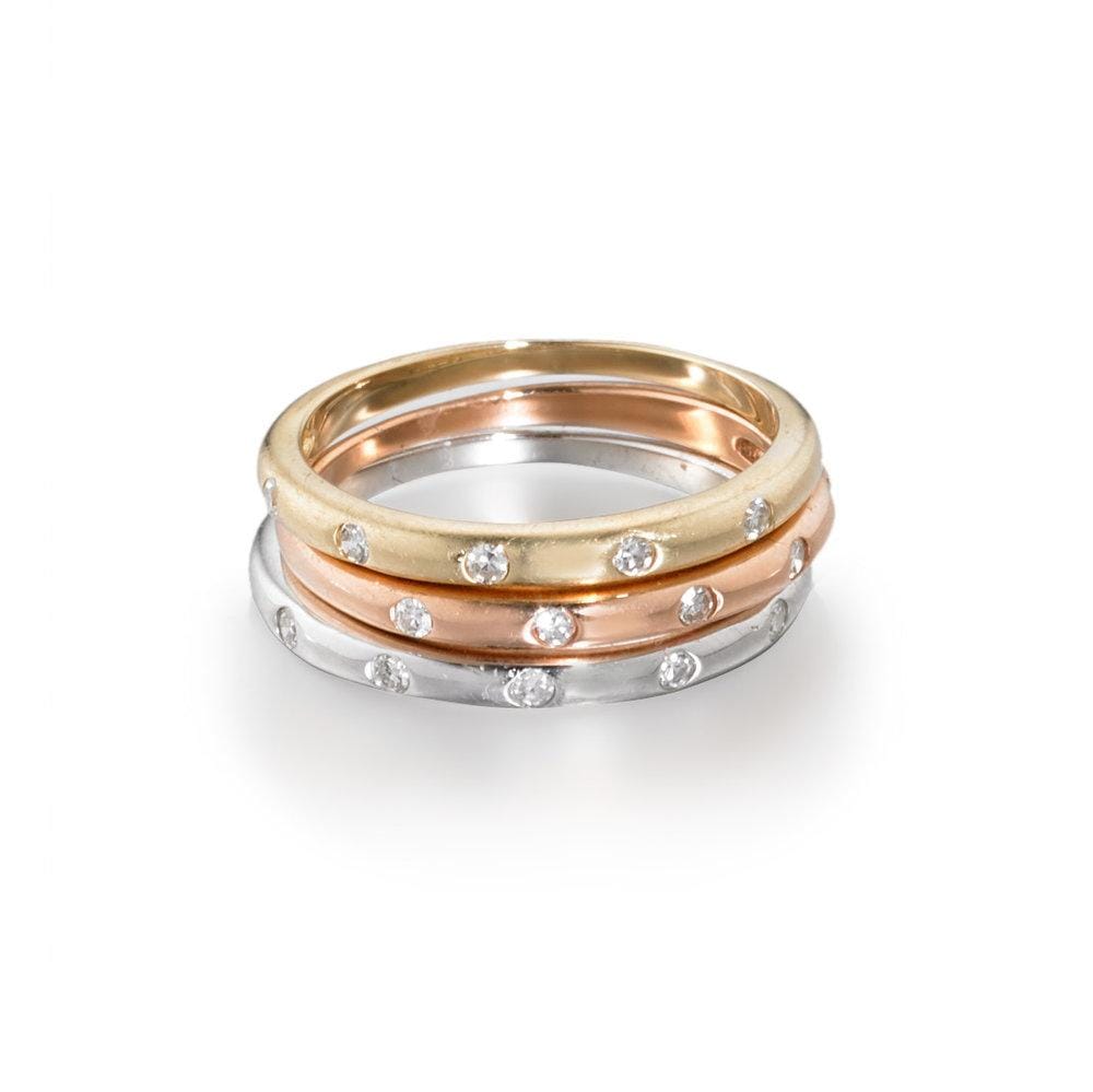 14 Karat Rose  Yellow and White Gold Stacking Fashion Rings With 15=0.07Tw Round Brilliant G I Diamonds